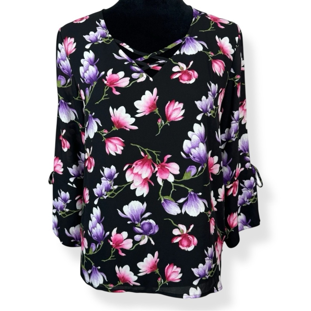 Counterparts Blouse Womens Size S Pink Purple Floral on Black